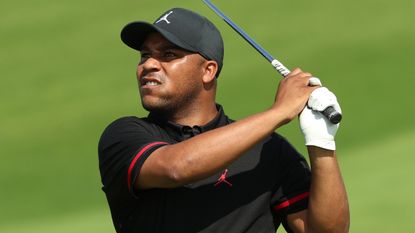 Harold Varner III takes a shot during a practice round before the 2023 Saudi International