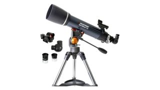 Celestron AstroMaster 102AZ and accessories placed against a white background