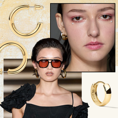 Image collage of gold hoop earrings from pavoi and merjuri, model on runway wearing large gold hoop earrings, red tinted sunglasses and black dress, close up of model with minimal makeup and small hoop earrings on beige flecked background