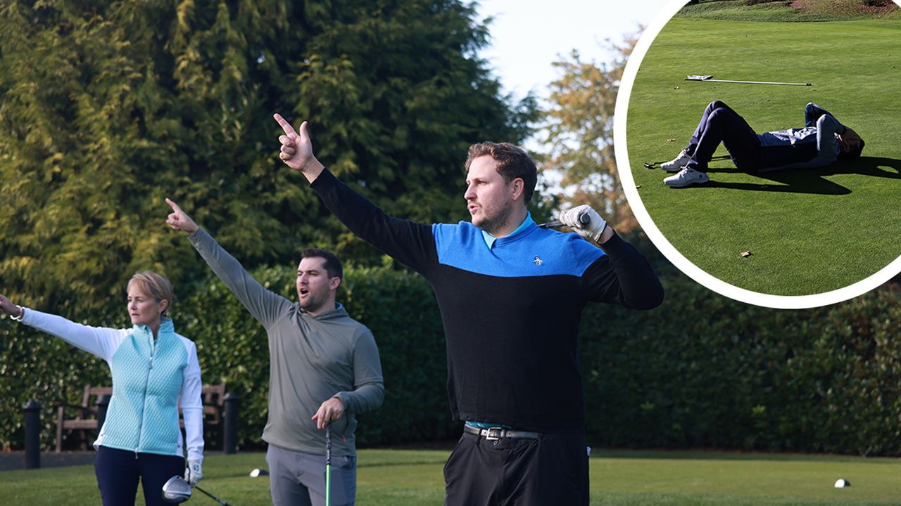 Nick Bonfield, Alison Root and Sam De&#039;Ath shouting fore and pointing right after a wayward tee shot, plus an inset image of a frustrated golfer laying on the green