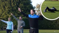 Nick Bonfield, Alison Root and Sam De'Ath shouting fore and pointing right after a wayward tee shot, plus an inset image of a frustrated golfer laying on the green