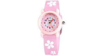 analogue watch, pink with white flowers on the strap as part of our best kids' watches round up