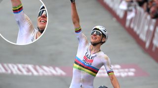 Tadej Pogacar celbrating on the Strade Bianche finish line