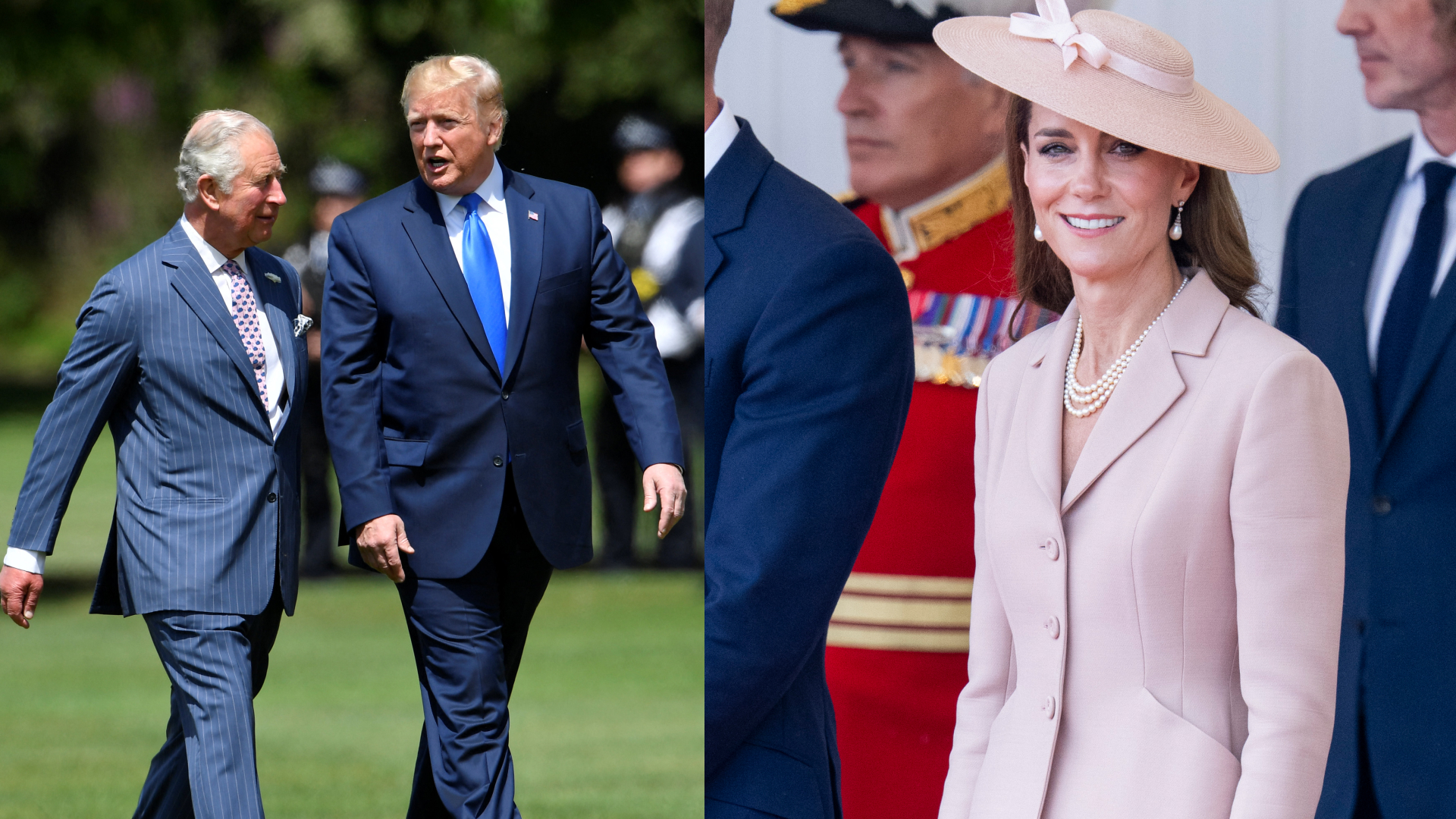 Kate Middleton in a pink jacket and hat; a photo of King charles and Donald Trump walking outside in blue suits