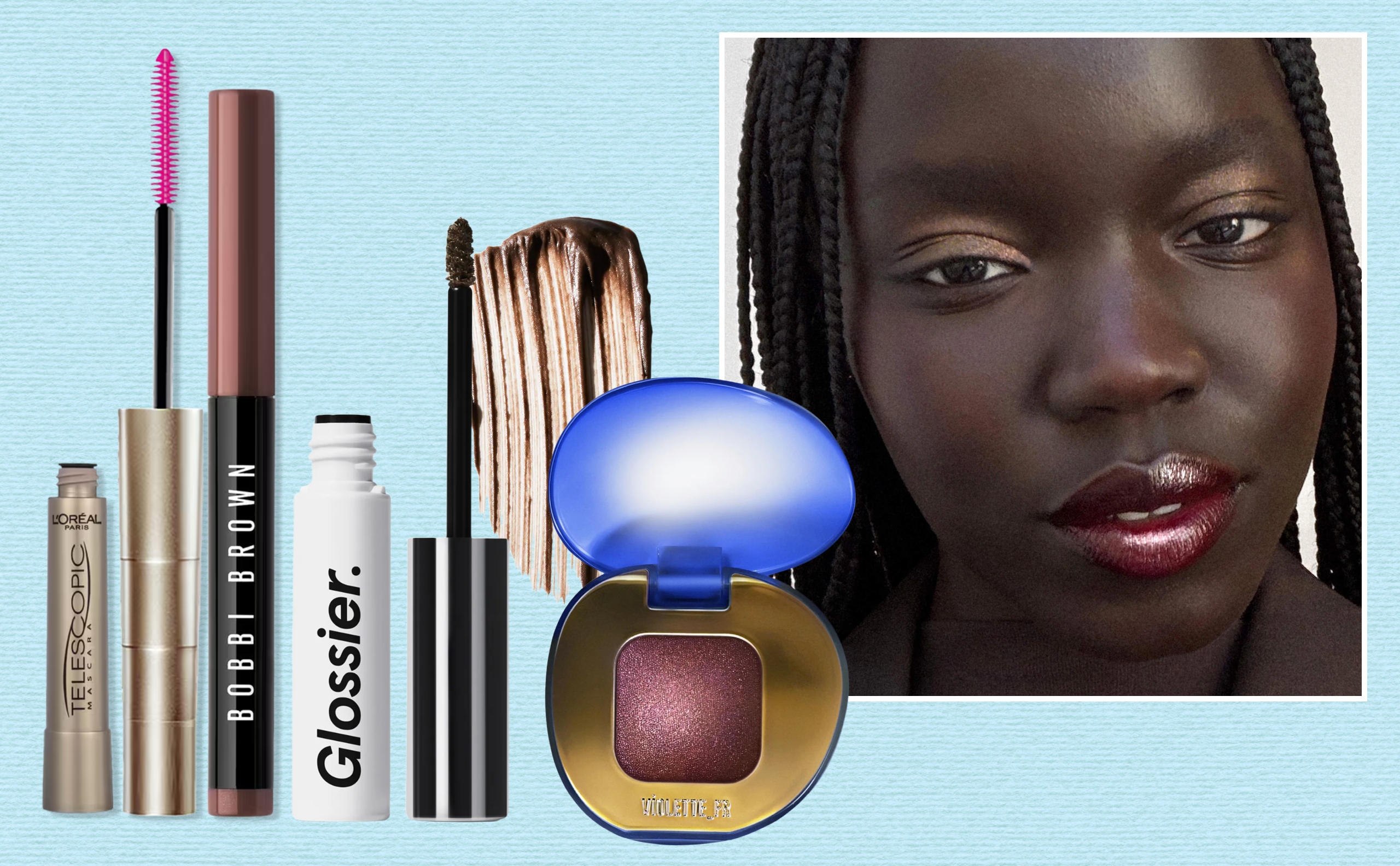 Eye makeup collage with mascara, a shadow stick, brow gel and a plum eyeshadow compact beside a model wearing soft gold eyeshadow and glossy burgundy lips