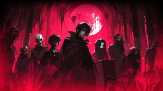 Vampiric looking gothic characters stand in front of a red moon