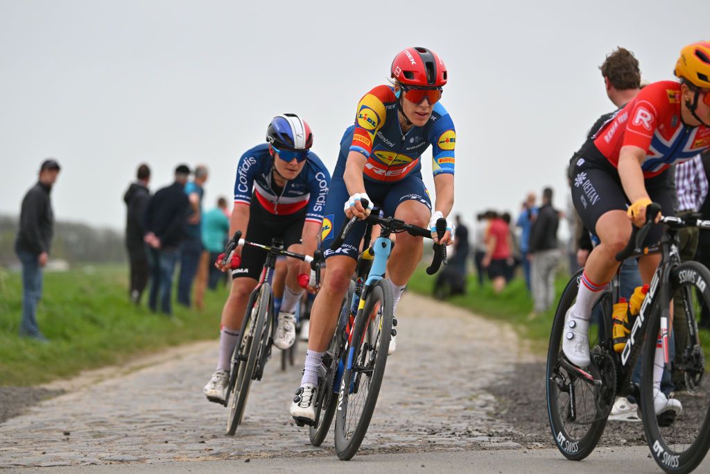 ROUBAIX FRANCE APRIL 06 Ellen van Dijk of The Netherlands and Team Lidl Trek competes passing through the Mons en Pevele cobblestones sector during the 4th ParisRoubaix Femmes 2024 a 1485km one day race from Denain to Roubaix on UCIWWT April 06 2024 in Roubaix France Photo by Luc ClaessenGetty Images