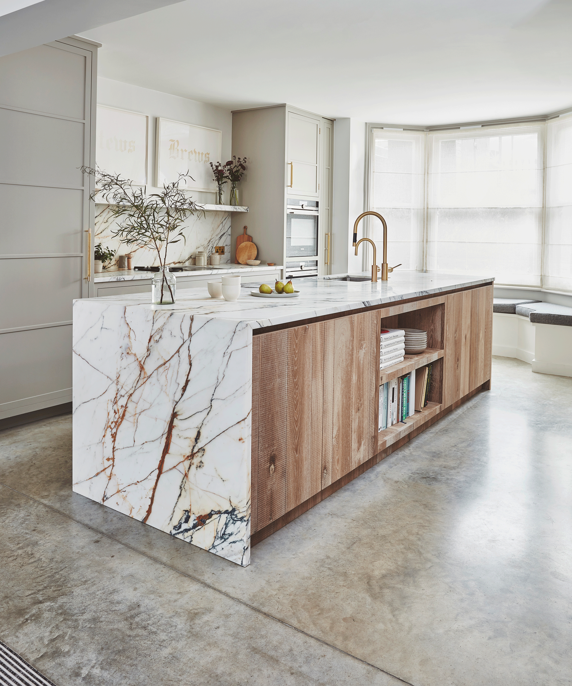 Marble kitchen island with waterfall edge
