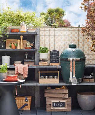 Different outdoor kitchen ideas illustrated with a grill and cooking accessories and storage