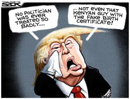 Political cartoon U.S. Trump complaining treated badly Obama birth certificate