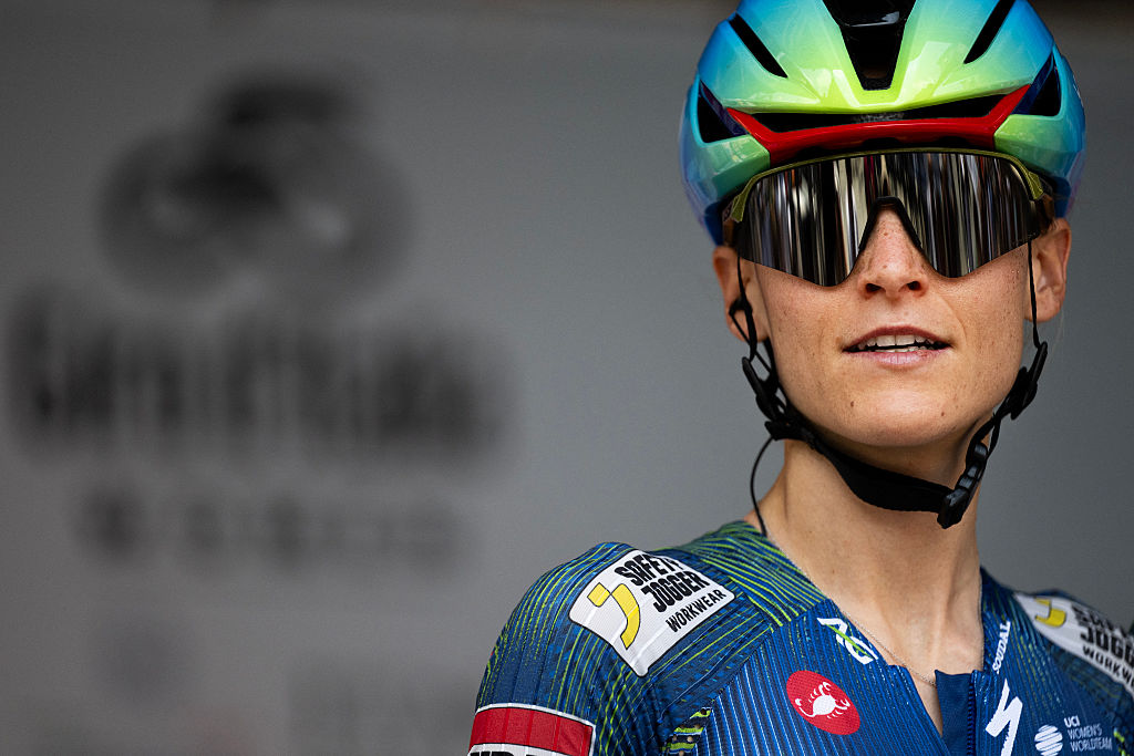 AG Insurance-Soudal's Slovenian cyclist Urska Zigart looks on during the pre-stage presentation ahead of the 9th stage of the Giro d'Italia Women 2026 between Saluzzo and Saluzzo in Saluzzo on June 7, 2026. (Photo by MARCO BERTORELLO / AFP)