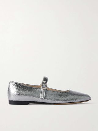 Metallic Cracked-Leather Mary Jane Flats