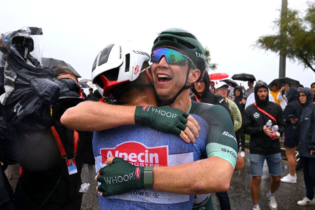 SANTANDER SPAIN SEPTEMBER 04 LR Edward Planckaert of Belgium and and stage winner Kaden Groves of Australia and Team Alpecin Deceuninck Green Points Jersey react after the La Vuelta 79th Tour of Spain 2024 Stage 17 a 1415km stage Arnuero to Santander UCIWT on September 04 2024 in Santander Spain Photo by Dario BelingheriGetty Images