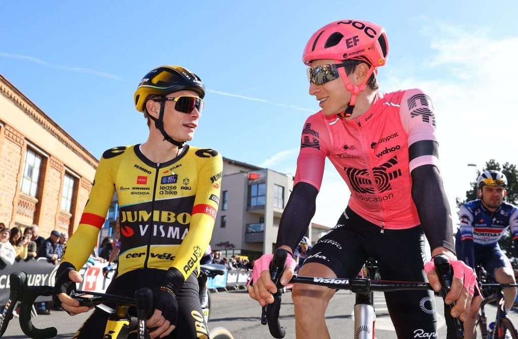 Danish Jonas Vingegaard of JumboVisma and US Neilson Powless of EF EducationEasyPost pictured at the start of stage 5 of the 81st edition of the ParisNice eight days cycling race 2124 km from SaintSymphoriensurCoise to SaintPaulTroisChateaux France Thursday 09 March 2023BELGA PHOTO DAVID PINTENS Photo by DAVID PINTENS BELGA MAG Belga via AFP Photo by DAVID PINTENSBELGA MAGAFP via Getty Images