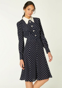 Mathilde Navy and Cream Polka Dot Silk Tea Dress | £359 ($498) | LK Bennett