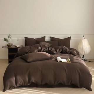 Luxlovery Brown Comforter Set Queen Mocha Brown Bedding Comforter Set Chocolate Color Solid Soft Breathable Blanket Quilts Chestnut Brown Bedding Set for Women Men Queen