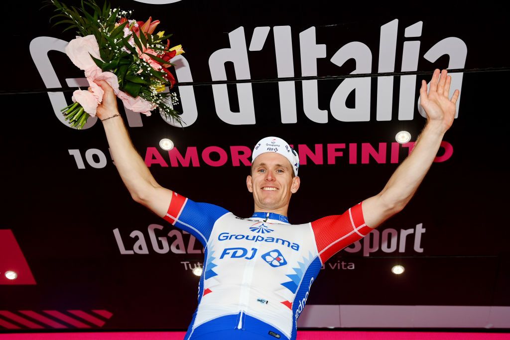 MESSINA ITALY MAY 11 Arnaud Demare of France and Team Groupama FDJ celebrates winning the stage on the podium ceremony after the 105th Giro dItalia 2022 Stage 5 a 174km stage from Catania to Messina Giro WorldTour on May 11 2022 in Messina Italy Photo by Tim de WaeleGetty Images