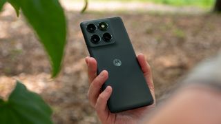 The vegan leather back of the forest green Motorola Edge 2025 