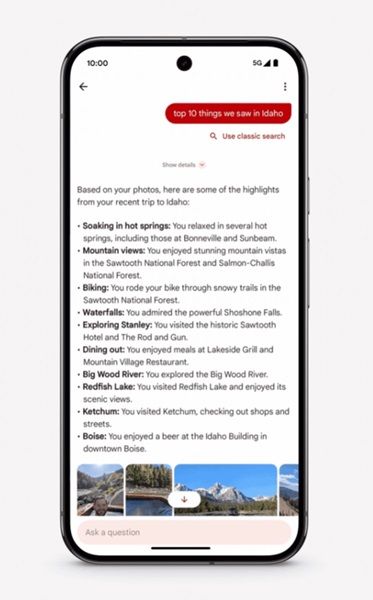 Ask Photos lets users query the feature about the "top ten" things they saw during a trip.