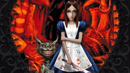 Alice stands next to the Cheshire cat wearing a bloodstained apron