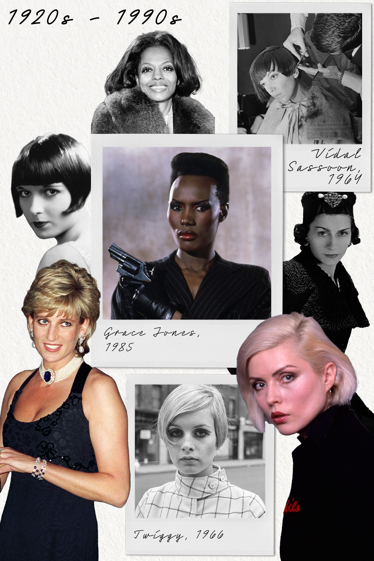 A collage showing short haircut moments from 1920s to 1990s