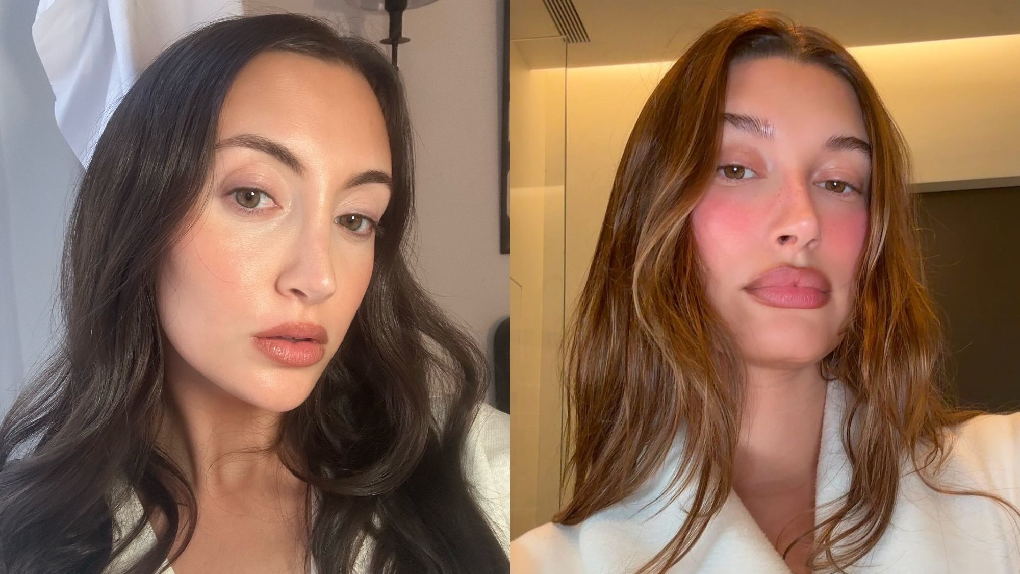A split image of Hailey Bieber and Alyssa Brascia wearing nude lip liner.