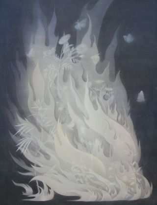 Artwork with a dark blue background and pale foliage being engulfed in pale flames