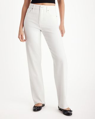 Express, High Waisted White Raw Hem Relaxed Straight Leg Jeans