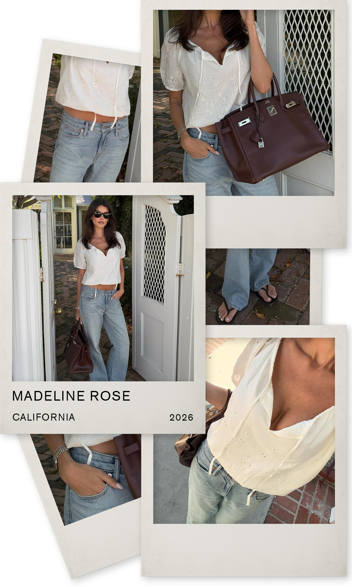 jeans outfits in stylist cities: madeline rose wears a white blouse, baggy jeans and flip flops