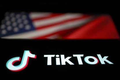 TikTok logo against a background of red and the United States flag