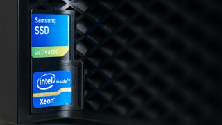 Intel and Samsung stickers on a desktop PC
