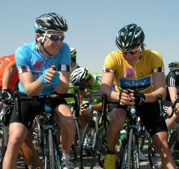 Team Sky's Geraint Thomas and Edvald Boasson Hagen wear the best young rider's and race leader's jerseys.