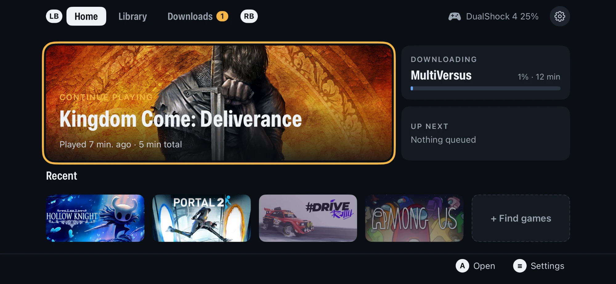 PlayPort's game launcher interface showing Kingdom Come: Deliverance, Portal 2, Hollow Knight, and other PC games, alongside download progress and controller information.