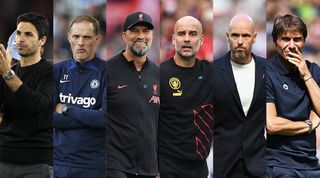 The managers of the 'Big Six' from left to right: Mikel Arteta (Arsenal), Thomas Tuchel (Chelsea), Jurgen Klopp (Liverpool), Pep Guardiola (Manchester City), Erik ten Hag (Manchester United) and Antonio Conte (Tottenham Hotspur)