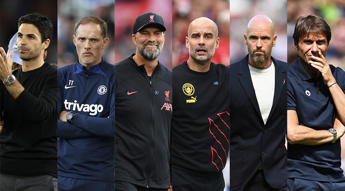 The managers of the 'Big Six' from left to right: Mikel Arteta (Arsenal), Thomas Tuchel (Chelsea), Jurgen Klopp (Liverpool), Pep Guardiola (Manchester City), Erik ten Hag (Manchester United) and Antonio Conte (Tottenham Hotspur)