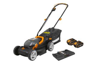 Worx Wg779e 40V cordless lawn mower with two batteries and charger
