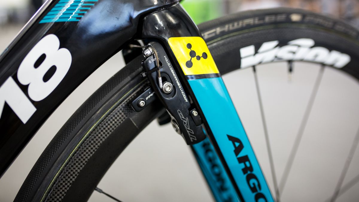 The front brake is tucked behind the fork for added aerodynamic performance