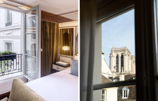 Two images side by side, one showing an interior of the hotel rooms, and another of the view of the Notre Dame cathedral