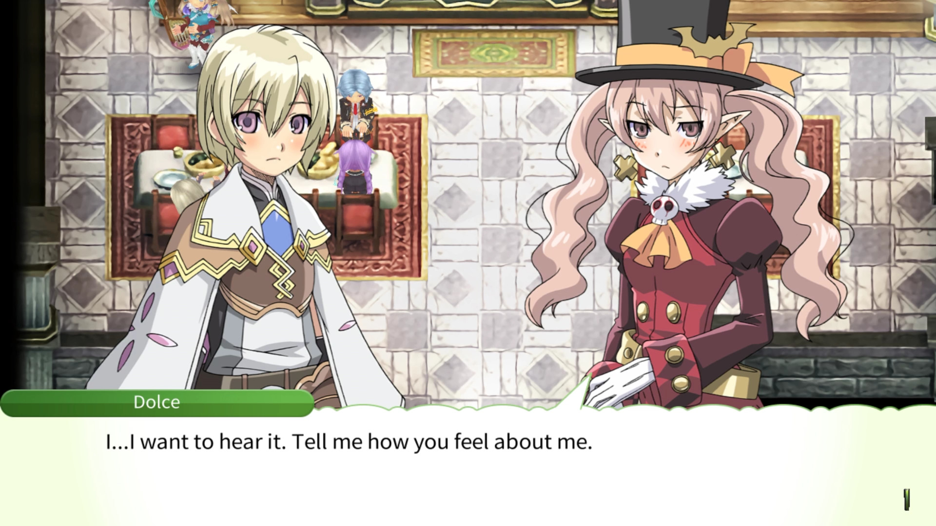 A screenshot of the player character in the relaxing RPG Rune Factory 4 Special romancing the character Dolce.