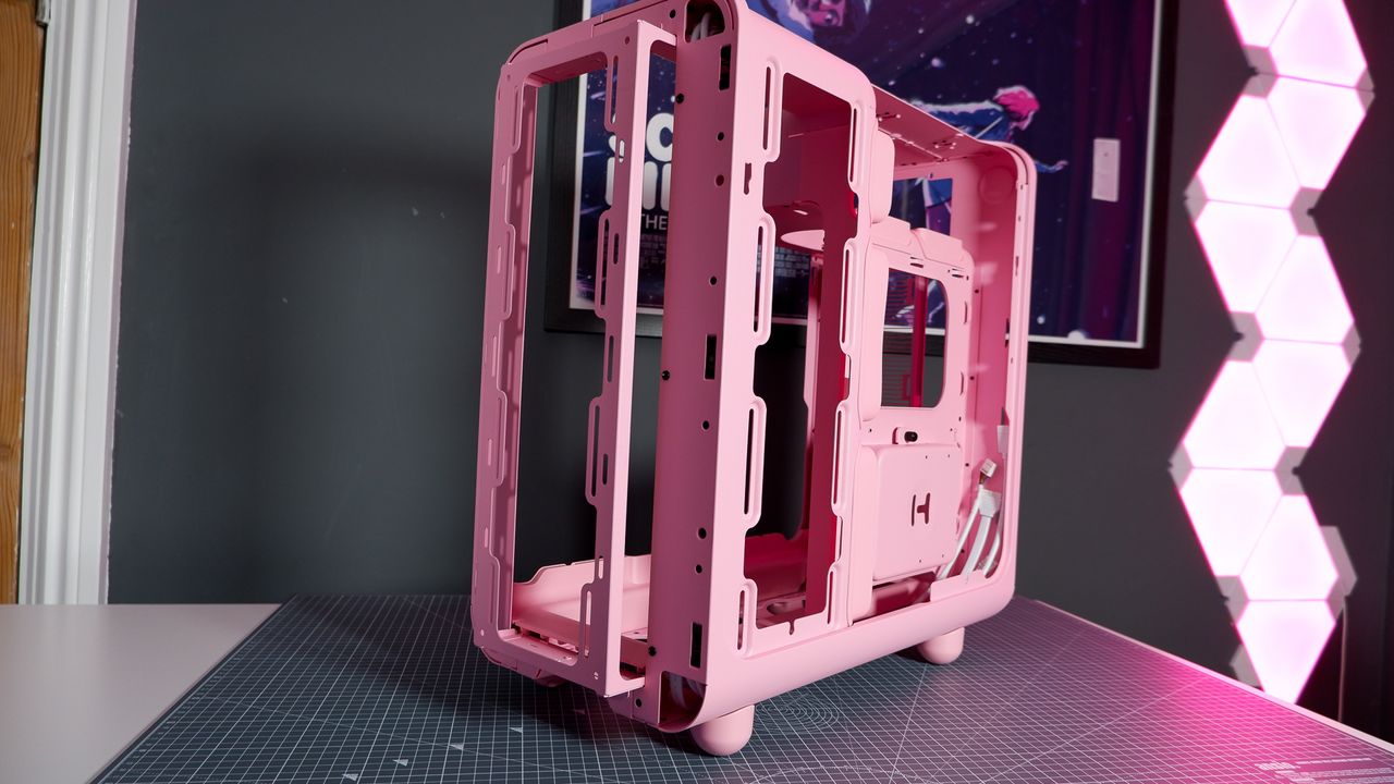 The Hyte X50 PC case on a desk ready to be built into for testing and review.