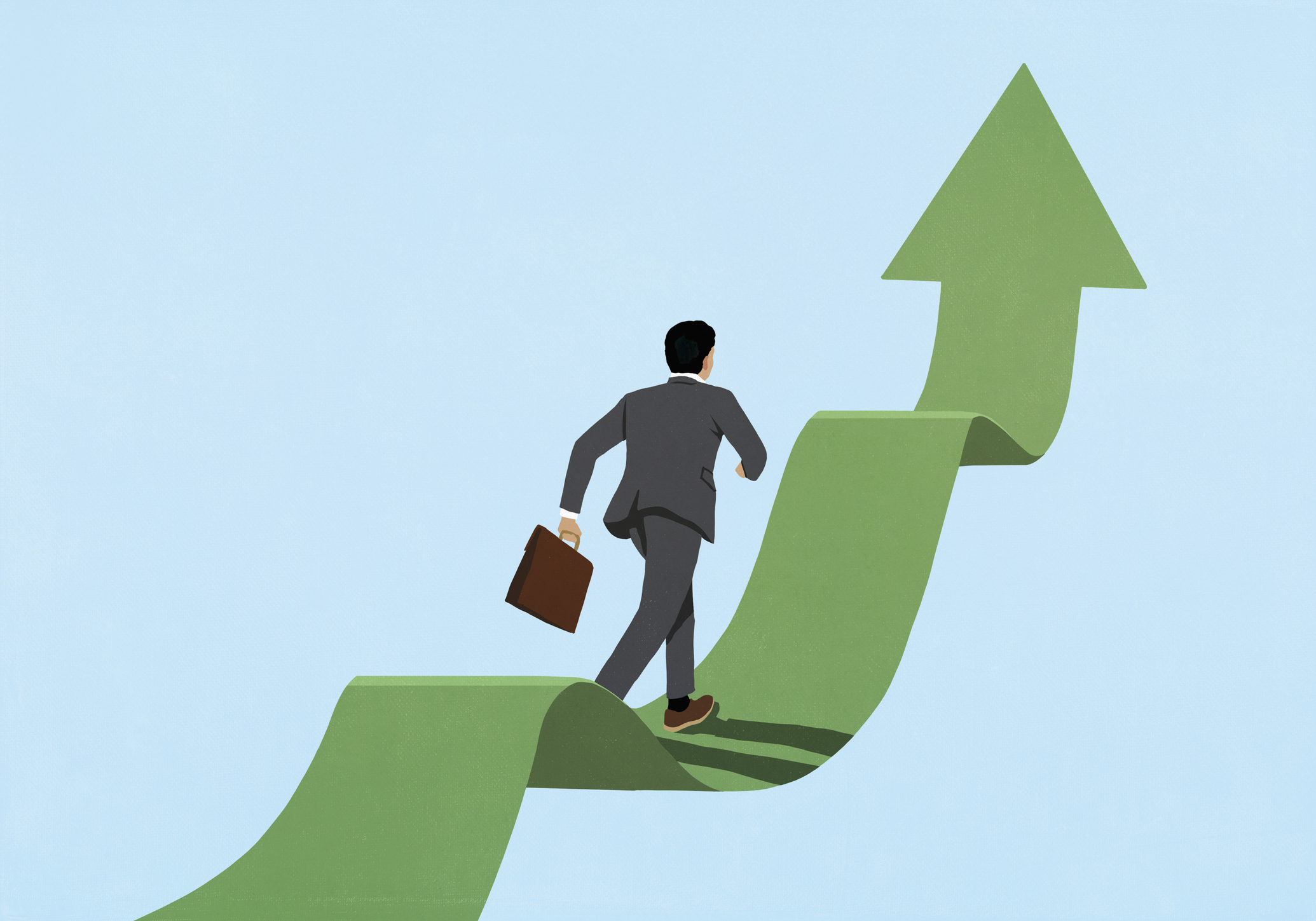 A graphic-designed cartoon of a green arrow with bumps like a trail going up, with a man in a suit running up it.