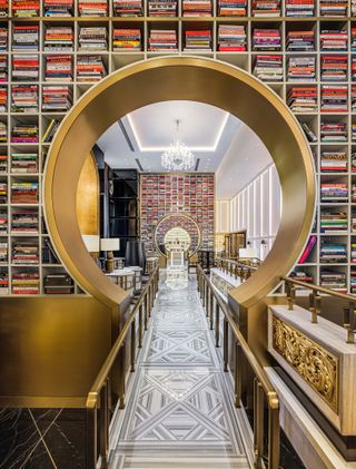 The Karl Lagerfeld Macau hotel: view of library with circular 'moon gate' opening