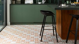 patterned vinyl flooring in green kitchen