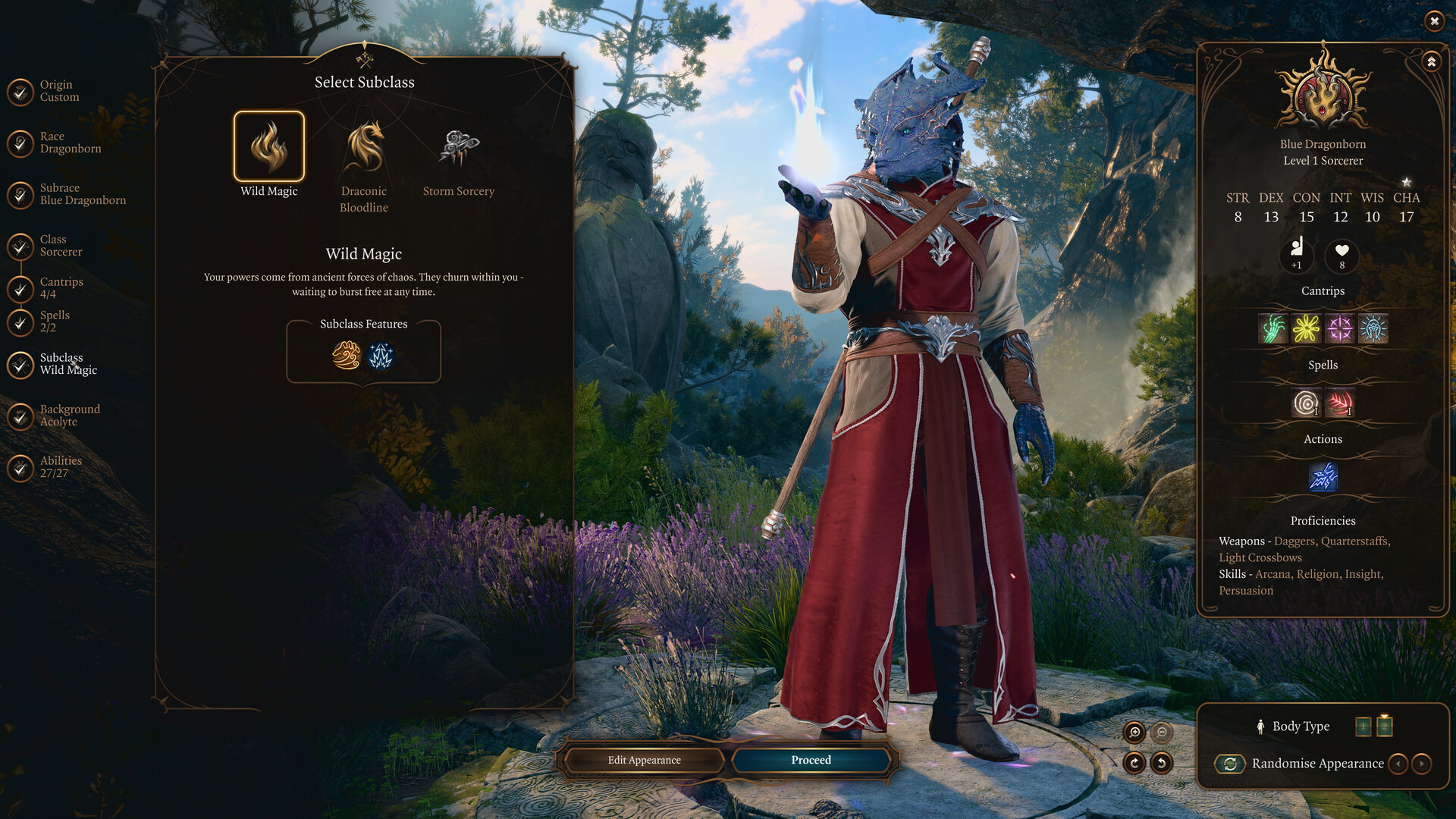 The character creation suite in Baldur's Gate 3 showing a sorcerer dragonborn playable character, with the menu to select a subclass