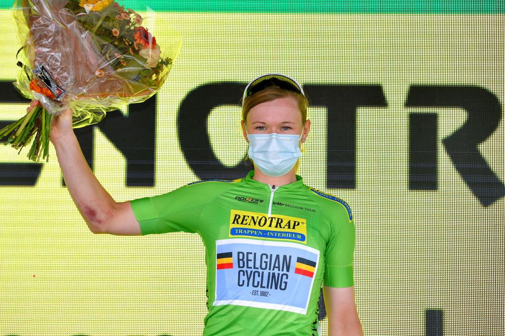 BRUGGE BELGIUM JUNE 23 Jolien Dhoore of Belgium and Belgium National Team Green Points Jersey celebrates at podium during the 9th Lotto Belgium Tour 2021 Stage 1 a 1126km stage from Blankenberge to Bruges LottoBelgTour LottoBelgiumTour on June 23 2021 in Brugge Belgium Photo by Luc ClaessenGetty Images