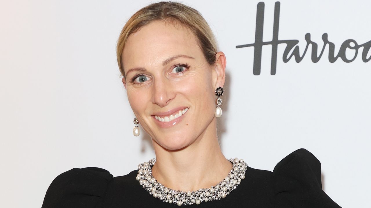 Zara Tindall, wearing a black velvet dress, attends a VIP breakfast celebrating the relaunch of Rebecca Vallance at Harrods on November 14, 2023 