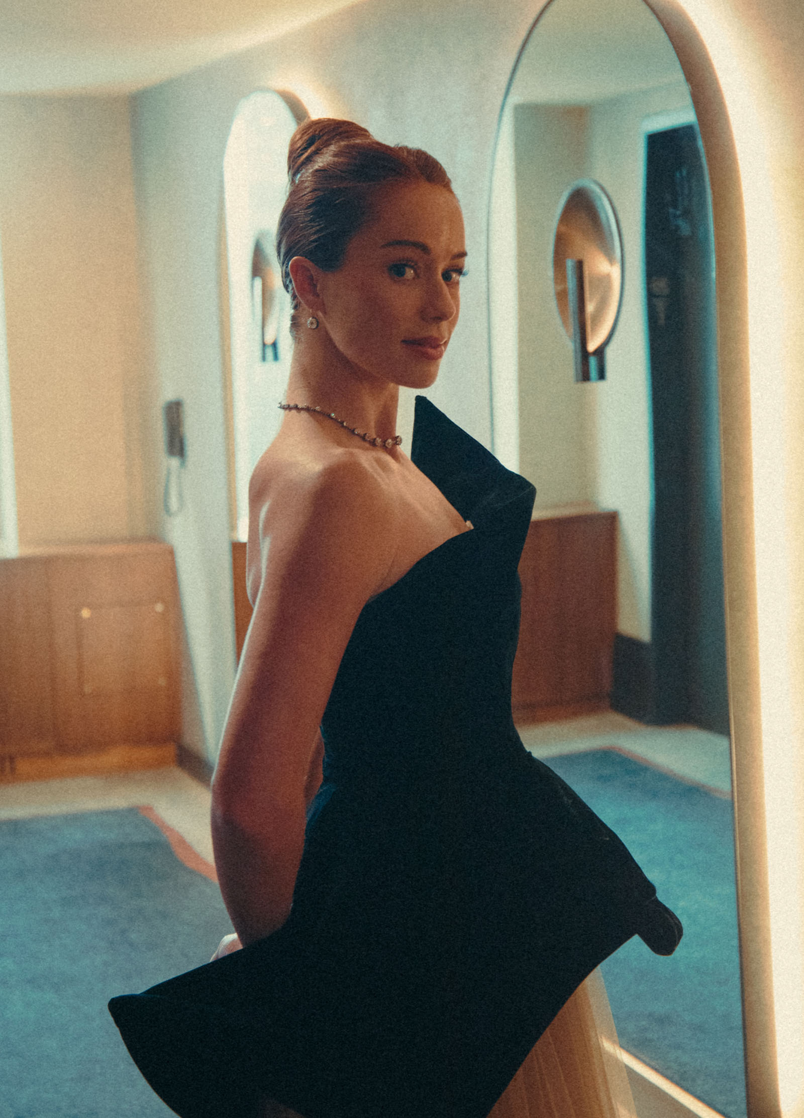 Last-look portrait of Whitney Leavitt ahead of the Tony Awards red carpet.