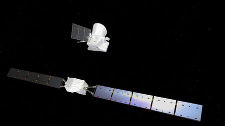 Artist&rsquo;s impression showing the Mercury Transfer Module separate from the BepiColombo Mercury Planetary Orbiter (MPO) and Mercury Magnetospheric Orbiter (MMO) composite spacecraft.