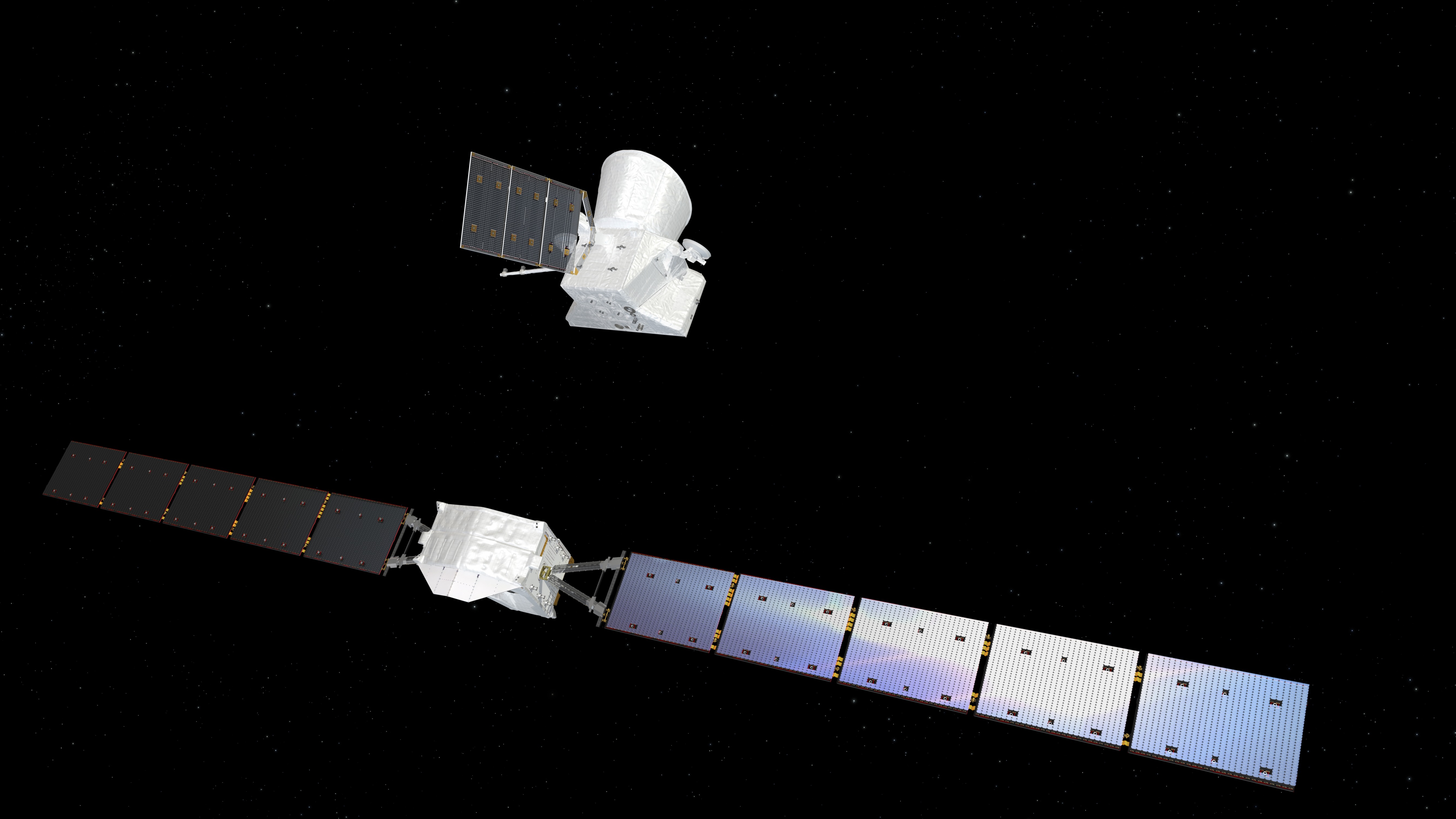 illustration showing two spacecraft separating from each other in deep space