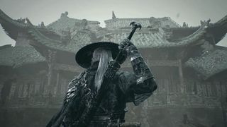 A player holding a massive sword on their back during the upcoming PC game Phantom Blade 0.